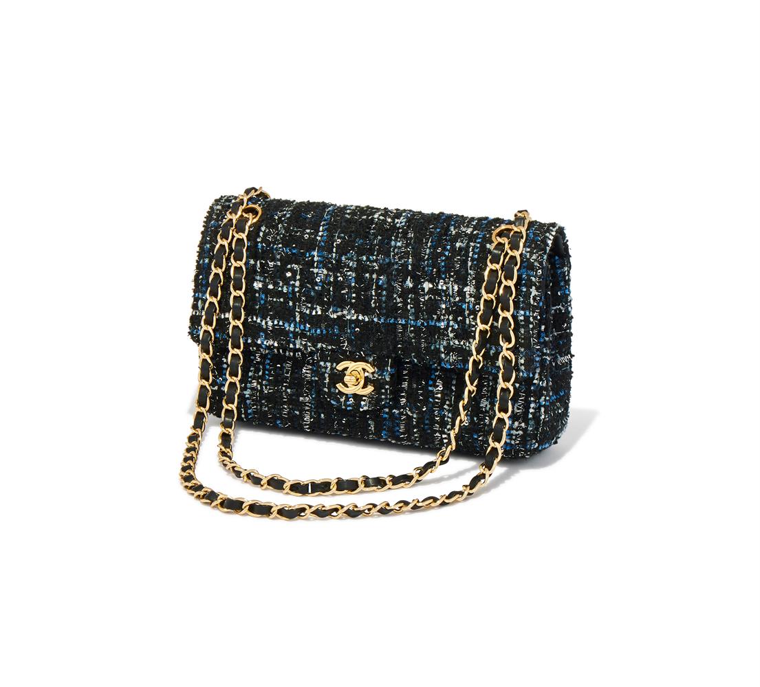 CHANEL, CLASSIC DOUBLE FLAP, A BLACK, BLUE AND GREY TWEED HANDBAG
