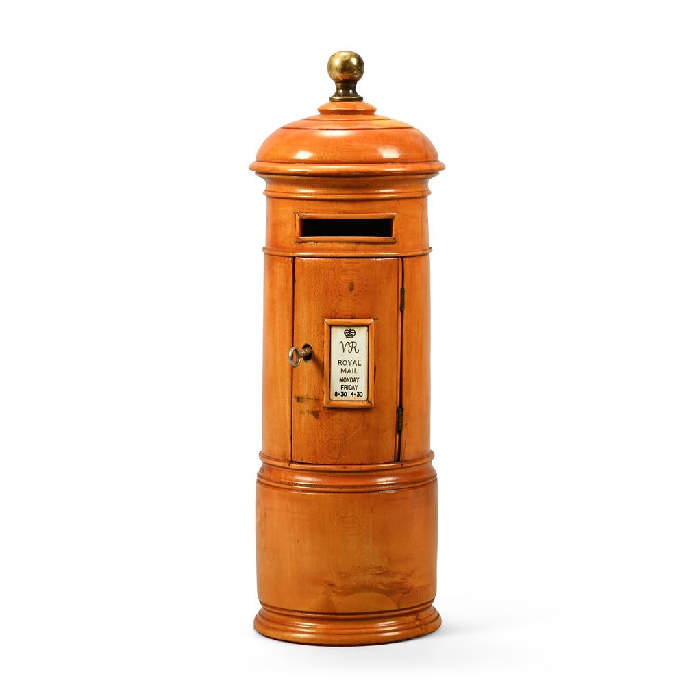 A FRUITWOOD AND BRASS MOUNTED PILLAR LETTER BOX, IN THE MANNER OF WALTER THORNHILL, 20TH CENTURY