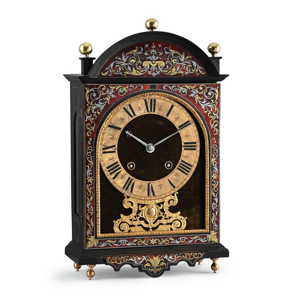 A FRENCH LOUIS XIV BOULLE AND PEWTER STRUNG EBONY 'RELIGIEUSE' TABLE CLOCK