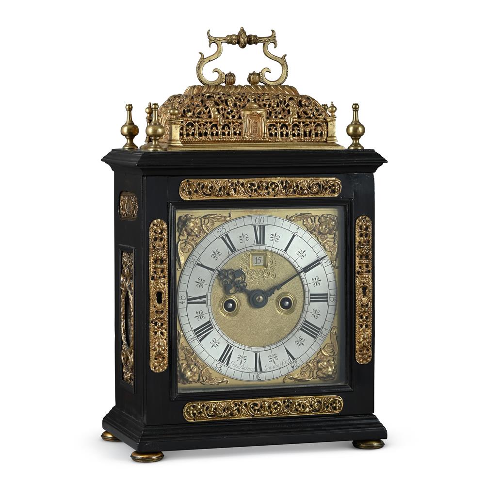 A WILLIAM III EBONISED 'BASKET TOP' QUARTER-REPEATING TABLE CLOCK