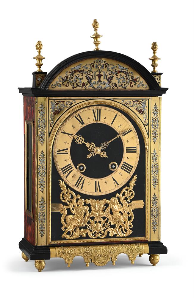A FRENCH LOUIS XIV BOULLE AND PEWTER STRUNG TORTOISESHELL 'RELIGIEUSE' TABLE CLOCK