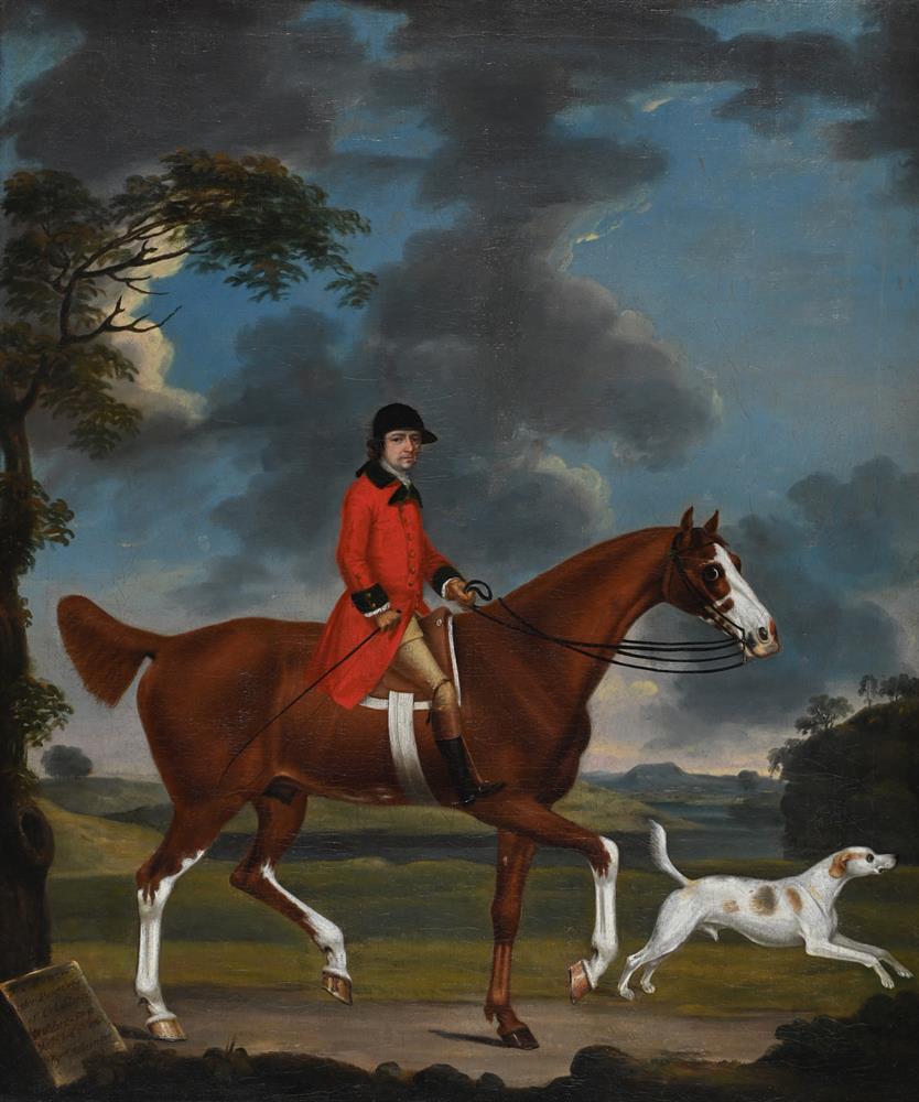 THOMAS STRINGER (BRITISH 1722-1790), PORTRAIT OF COLONEL SLOPER WITH HIS FAVOURITE HUNTER AND HOUND