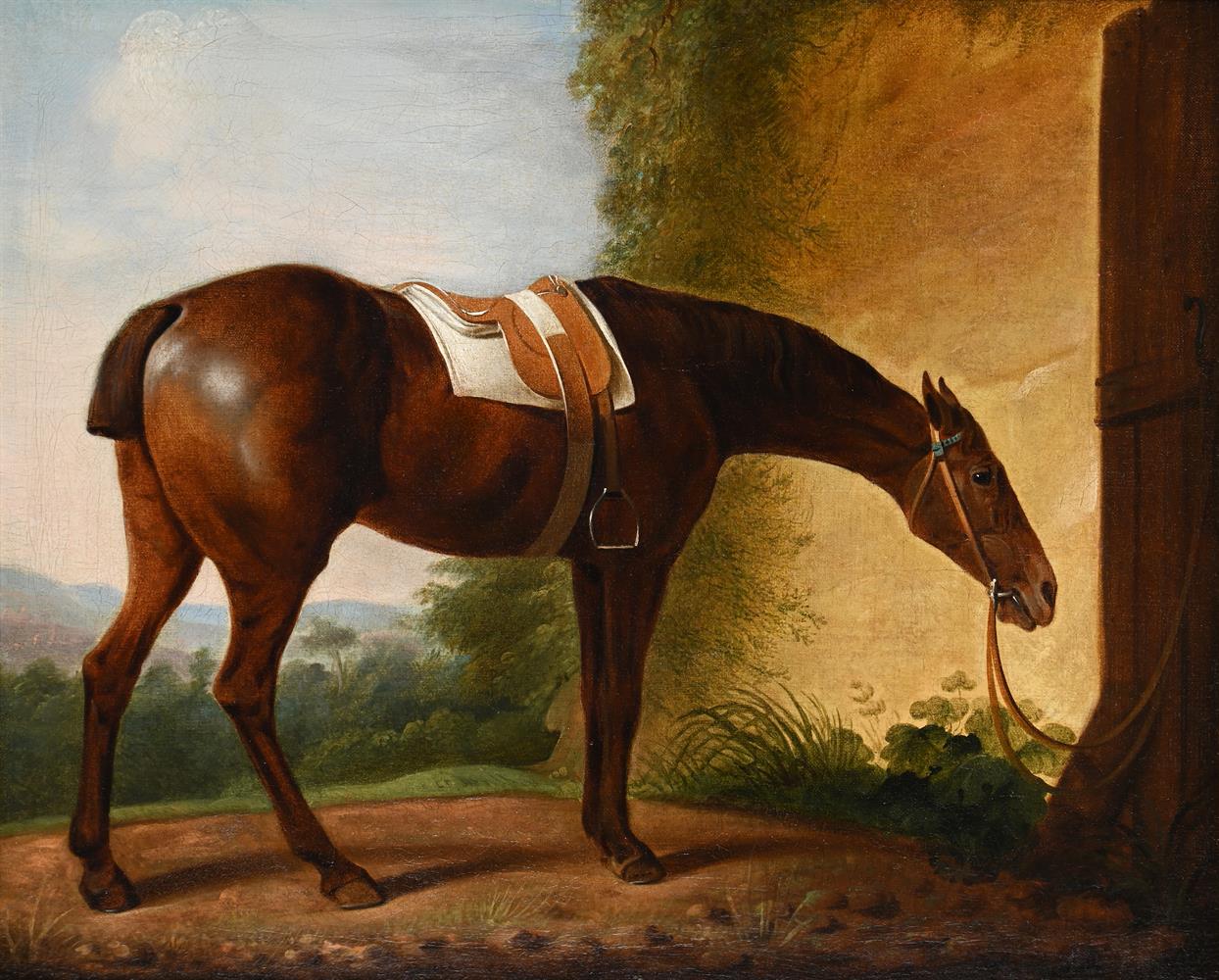 JACQUES-LAURENT AGASSE (SWISS 1767-1849), A SADDLED CHESNUT HUNTER TETHERED TO A STABLE DOOR