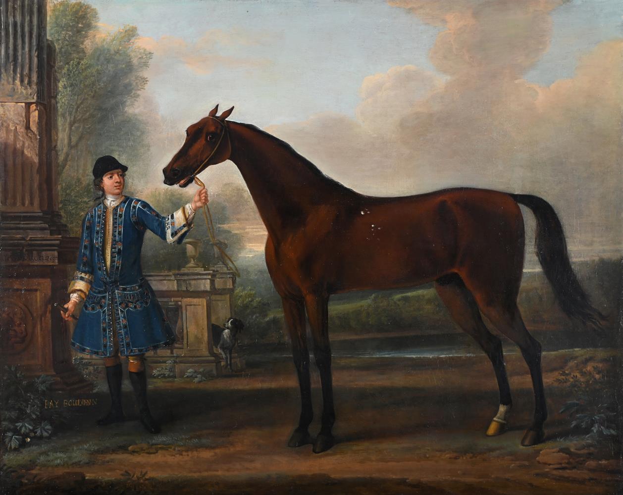 JOHN WOOTTON (BRITISH 1686-1765), BAY BOLTON, HELD BY A GROOM, IN A PARKLAND SETTING