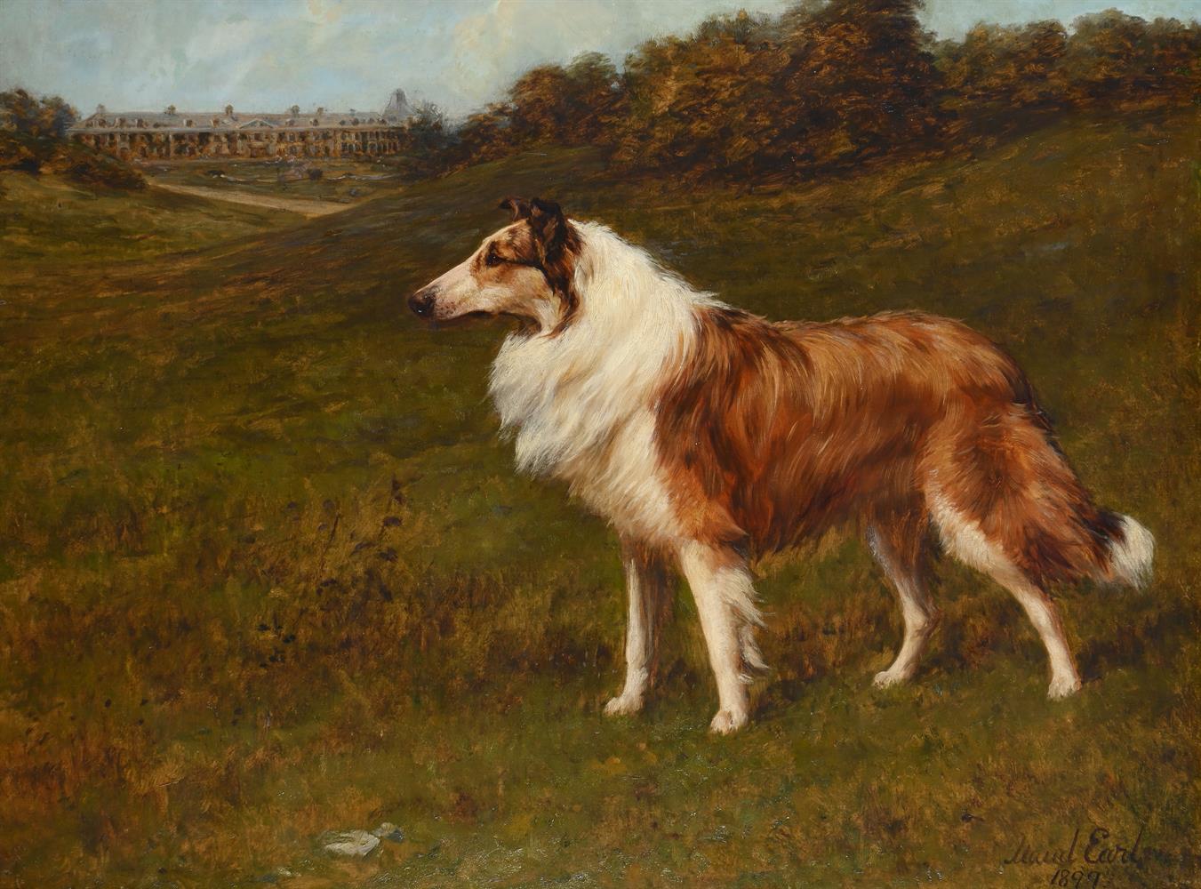 MAUD EARL (BRITISH 1863-1943), A COLLIE STANDING IN A LANDSCAPE WITH A COUNTRY HOUSE BEYOND