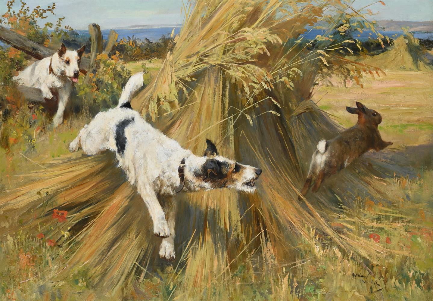 ARTHUR WARDLE (1864-1949), TERRIERS AFTER A RABBIT