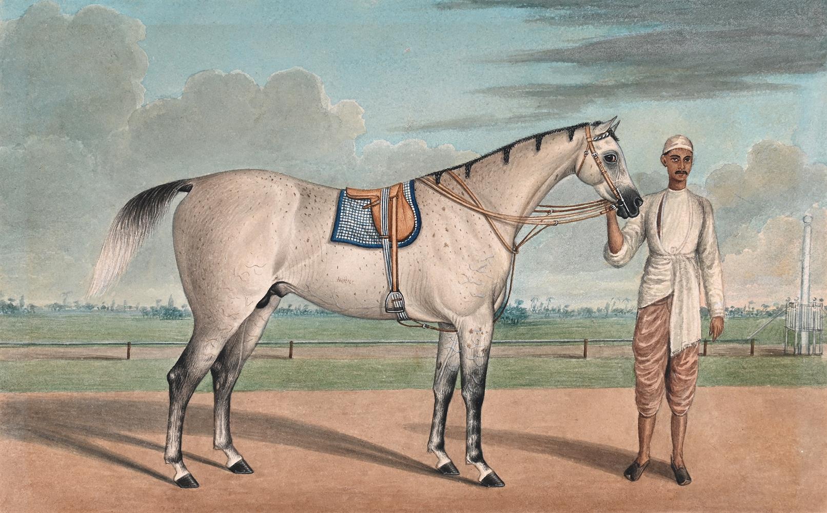 STUDIO OF SHAIKH MUHAMMAD AMIR OF KARRAYA (FL. 1830-1850), A WHITE STALLION WITH A GROOM