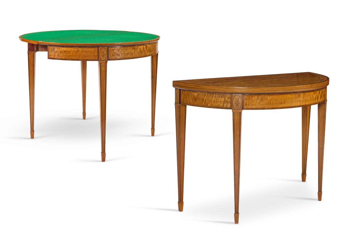 A PAIR OF GEORGE III SATINWOOD, AMARANTH AND MARQUETRY DEMI-LUNE CARD TABLES, CIRCA 1780