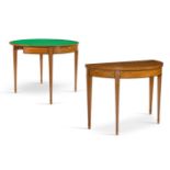 A PAIR OF GEORGE III SATINWOOD, AMARANTH AND MARQUETRY DEMI-LUNE CARD TABLES, CIRCA 1780