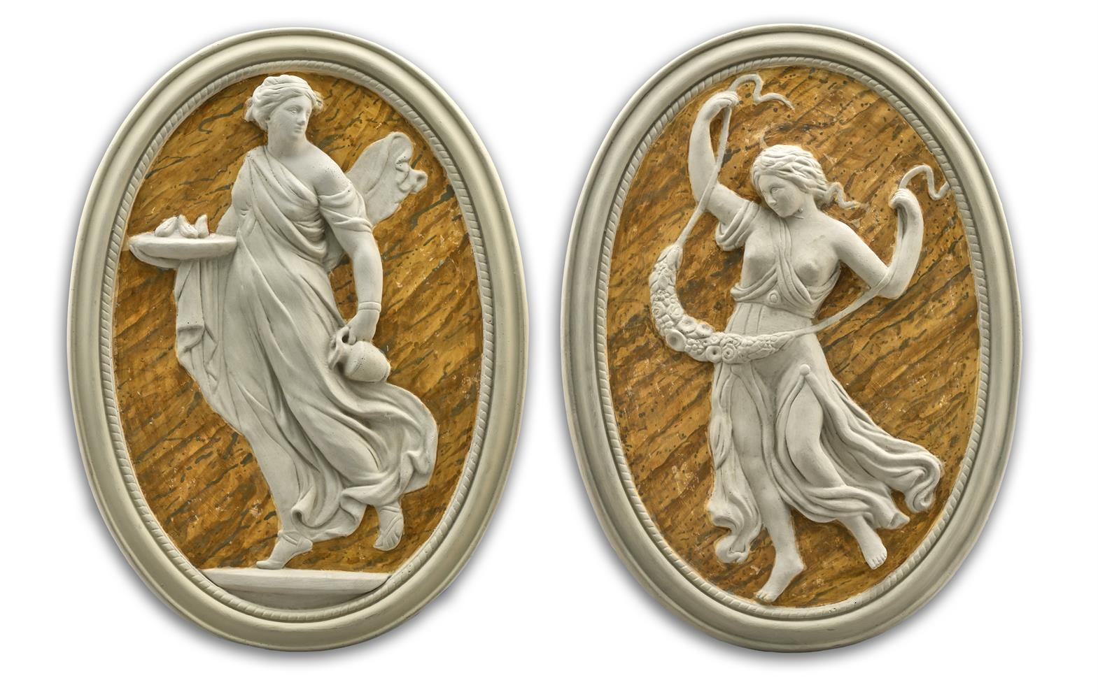 A PAIR OF PAINTED COMPOSITION PLAQUES DEPICTING CLASSICAL DANCING FIGURES, LATE 20TH CENTURY