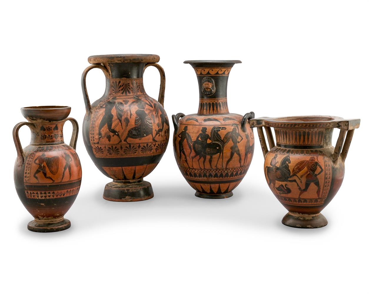 A GROUP OF FOUR COLD PAINTED TERRACOTTA VASES IN ETRUSCAN MANNER, LATE 19TH CENTURY