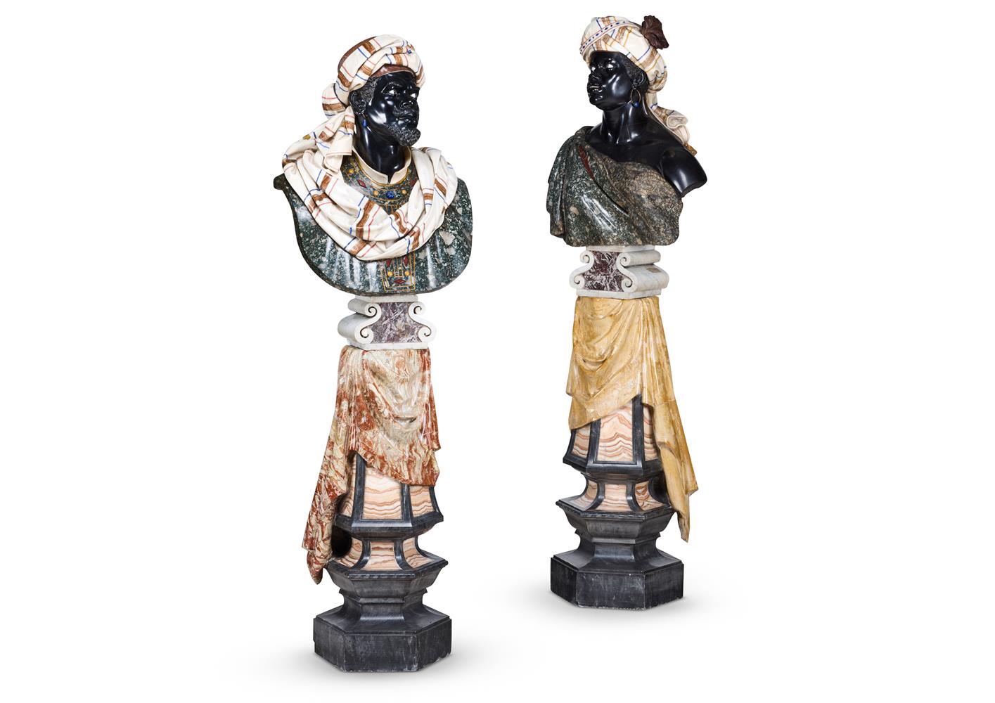 A RARE PAIR OF ITALIAN POLYCHROME MARBLE OVER-LIFESIZE MORETTO BUSTS ON COLUMNS, LATE 19TH CENTURY