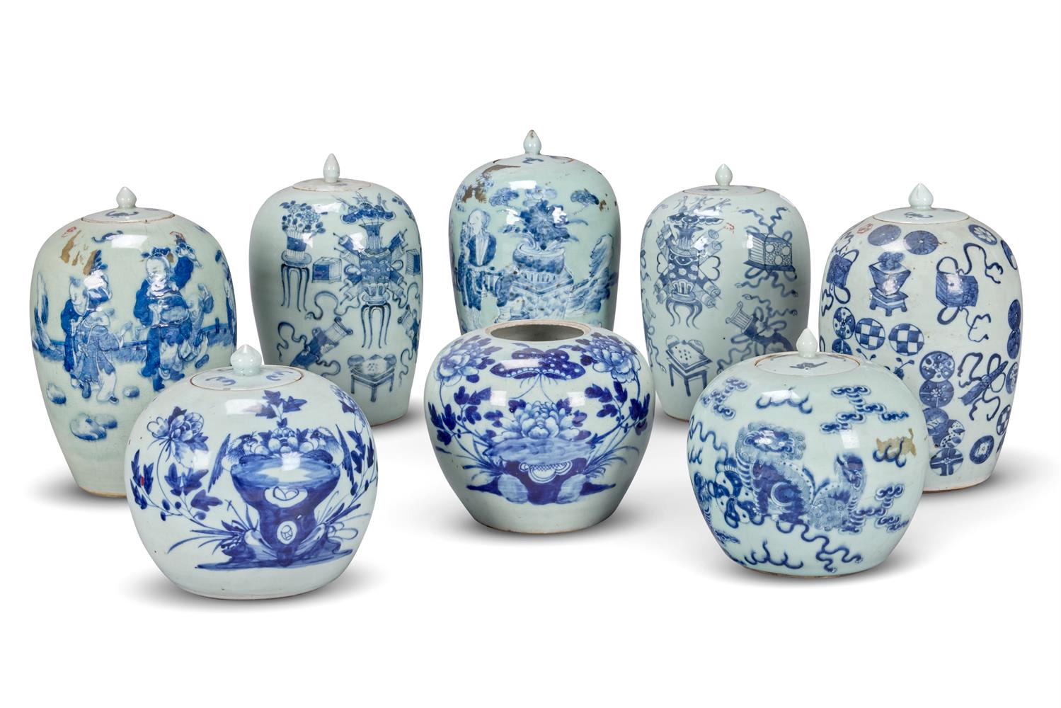 EIGHT VARIOUS CHINESE CELADON AND BLUE DECORATED OVOID VASES, EARLY 20TH CENTURY