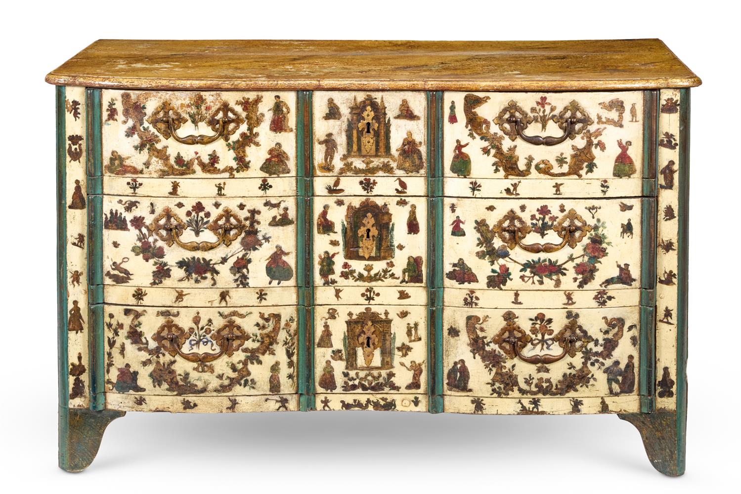 AN ITALIAN POLYCHROME LACCA POVERA SERPENTINE COMMODE, 18TH/EARLY 19TH CENTURY