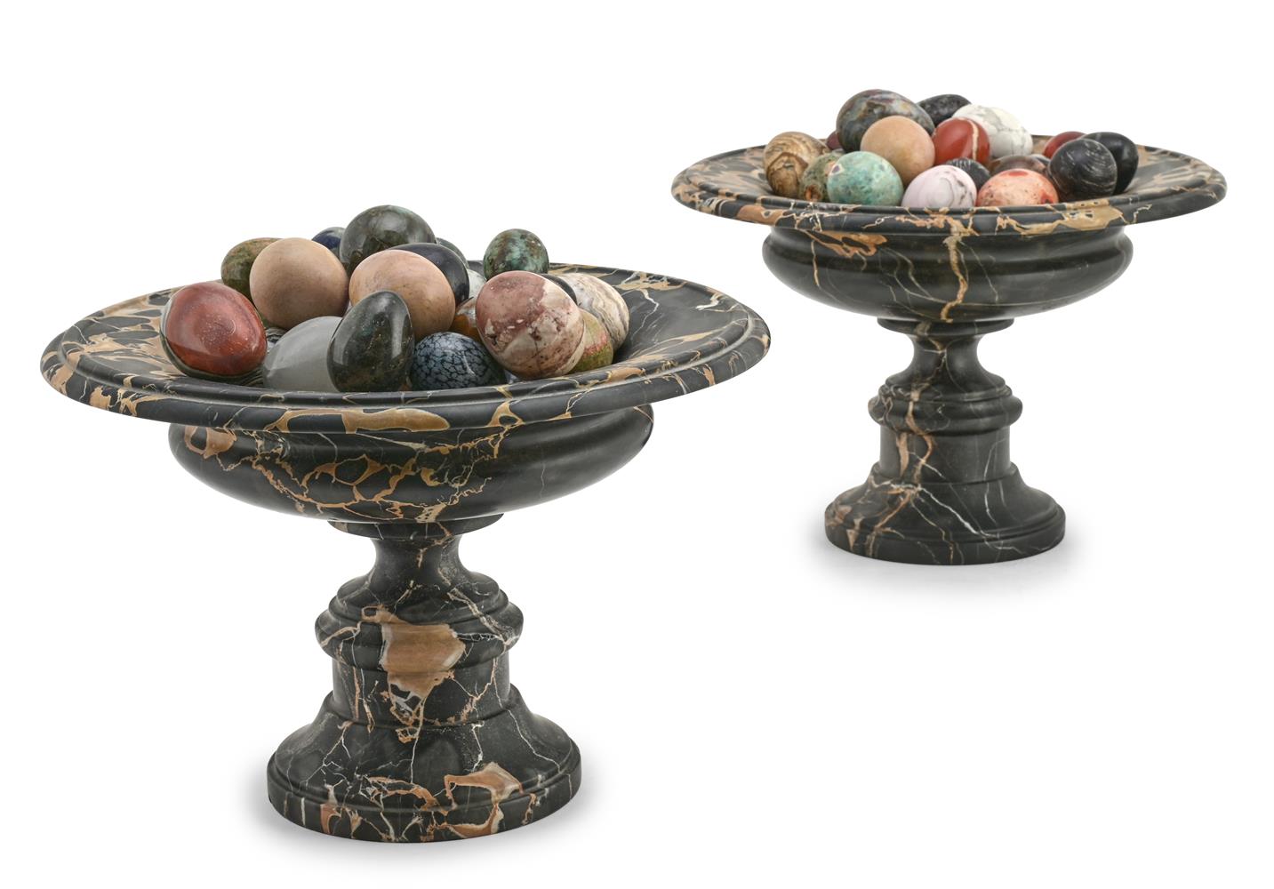 A PAIR OF PORTORO MARBLE PEDESTAL URNS, ITALIAN