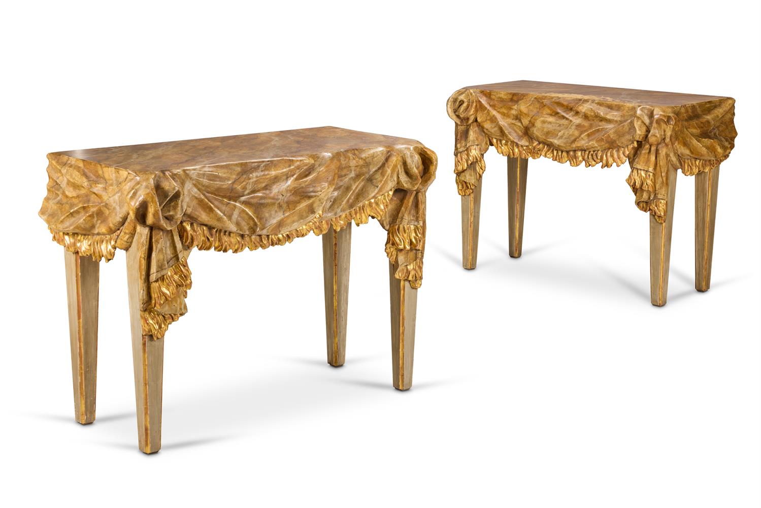 A PAIR OF SIMULATED SIENA MARBLE GREY-PAINTED AND PARCEL GILT SIDE TABLES, MODERN