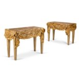 A PAIR OF SIMULATED SIENA MARBLE GREY-PAINTED AND PARCEL GILT SIDE TABLES, MODERN