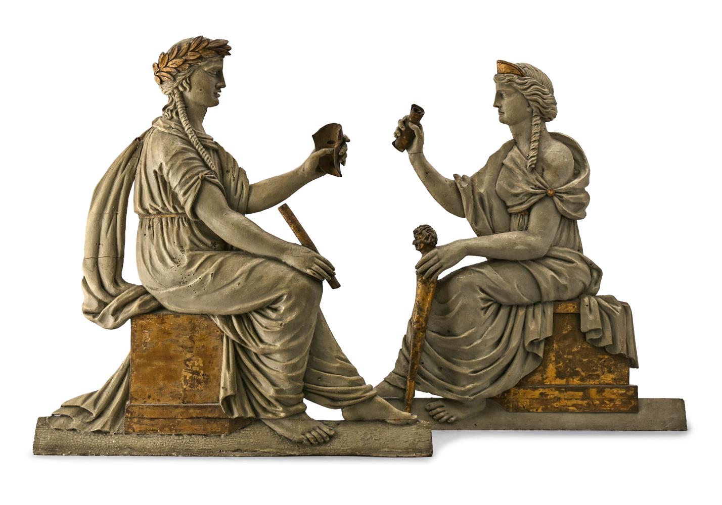 A PAIR OF GREY PAINTED AND PARCEL GILT LOW RELIEF FIGURES, 20TH CENTURY