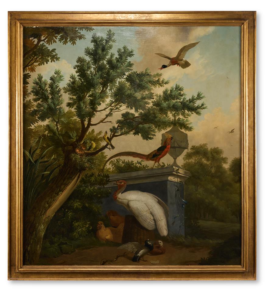 DUTCH SCHOOL, 19TH CENTURY, EXOTIC BIRDS IN A CLASSICAL LANDSCAPE