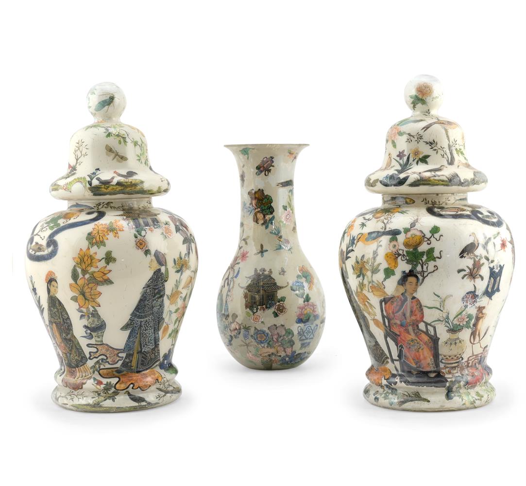 A PAIR OF DECALCOMANIA GLASS BALUSTER VASE AND COVERS, MODERN