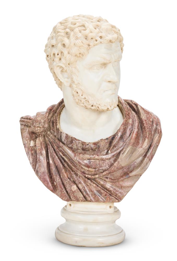 AFTER THE ANTIQUE- A WHITE AND BRECCIA ROSSO MARBLE BUST OF CARACALLA, 20TH CENTURY