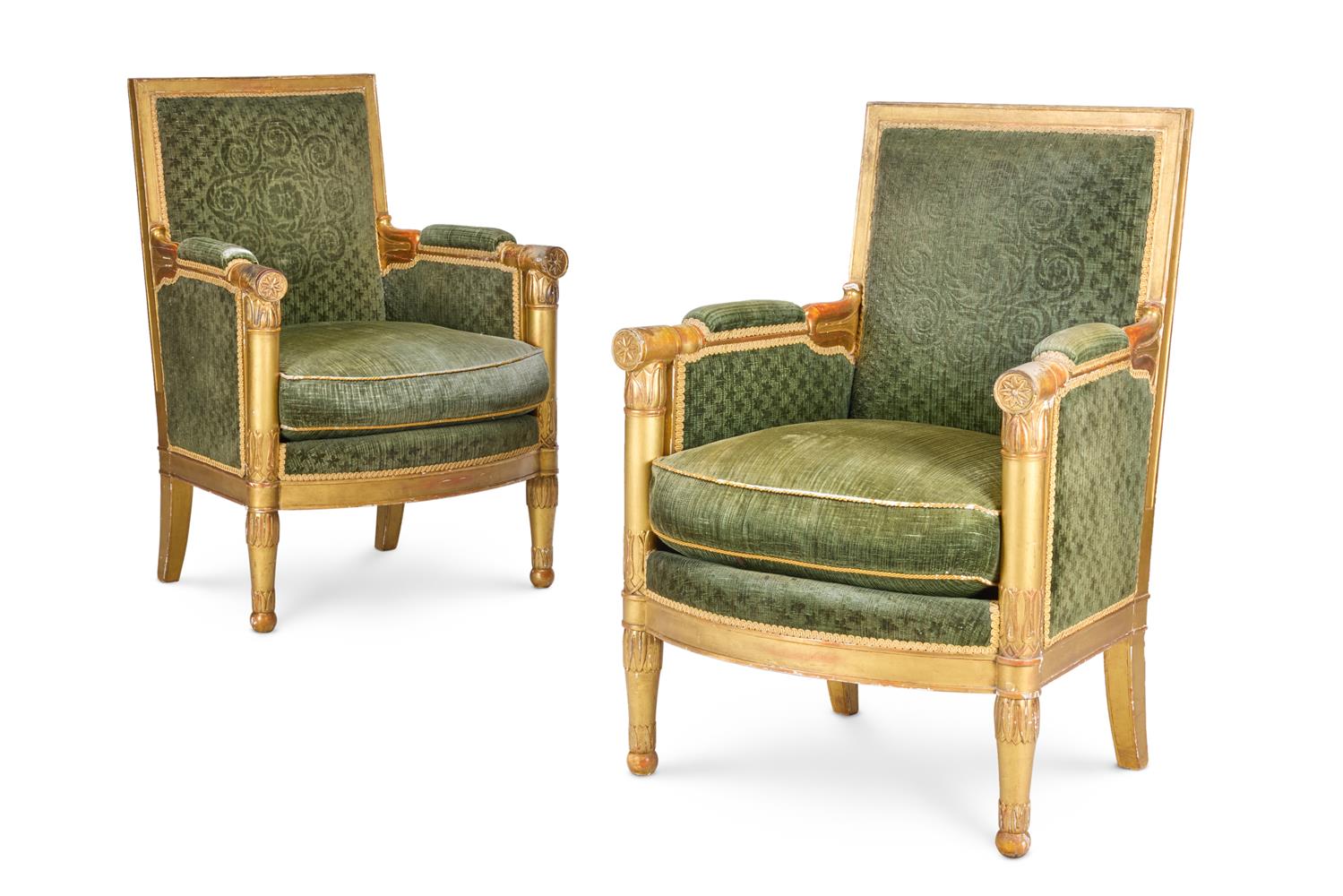 A PAIR OF FRENCH EMPIRE AND GILTWOOD BERGERES, CIRCA 1800