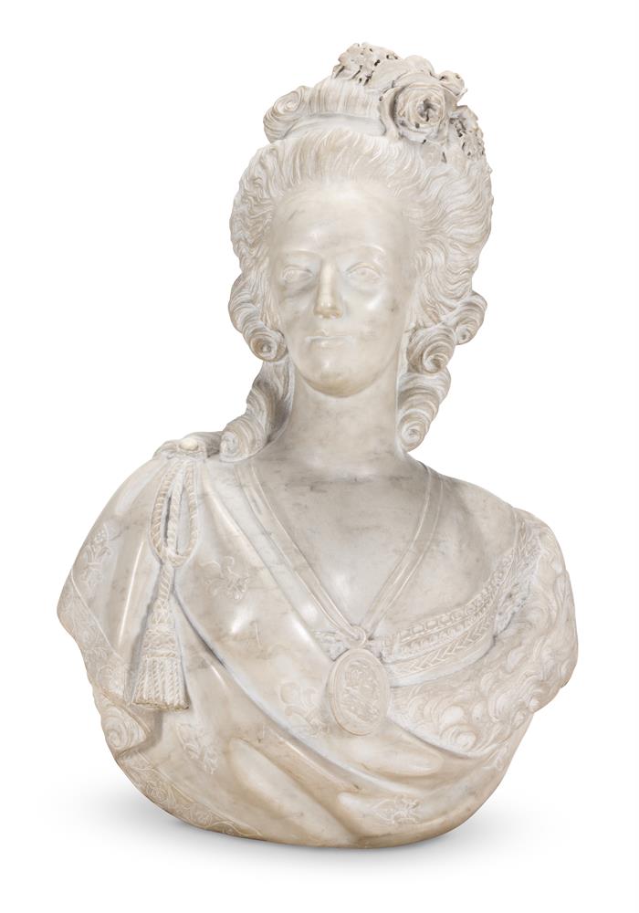 AFTER FELIX LECOMTE (1757-1817), A LARGE WHITE MARBLE BUST OF QUEEN MARIE ANTOINETTE