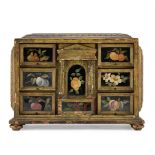 AN ITALIAN SIMULATED MARBLE AND REVERSE PAINTED GLASS INSET TABLE CABINET, 19TH CENTURY