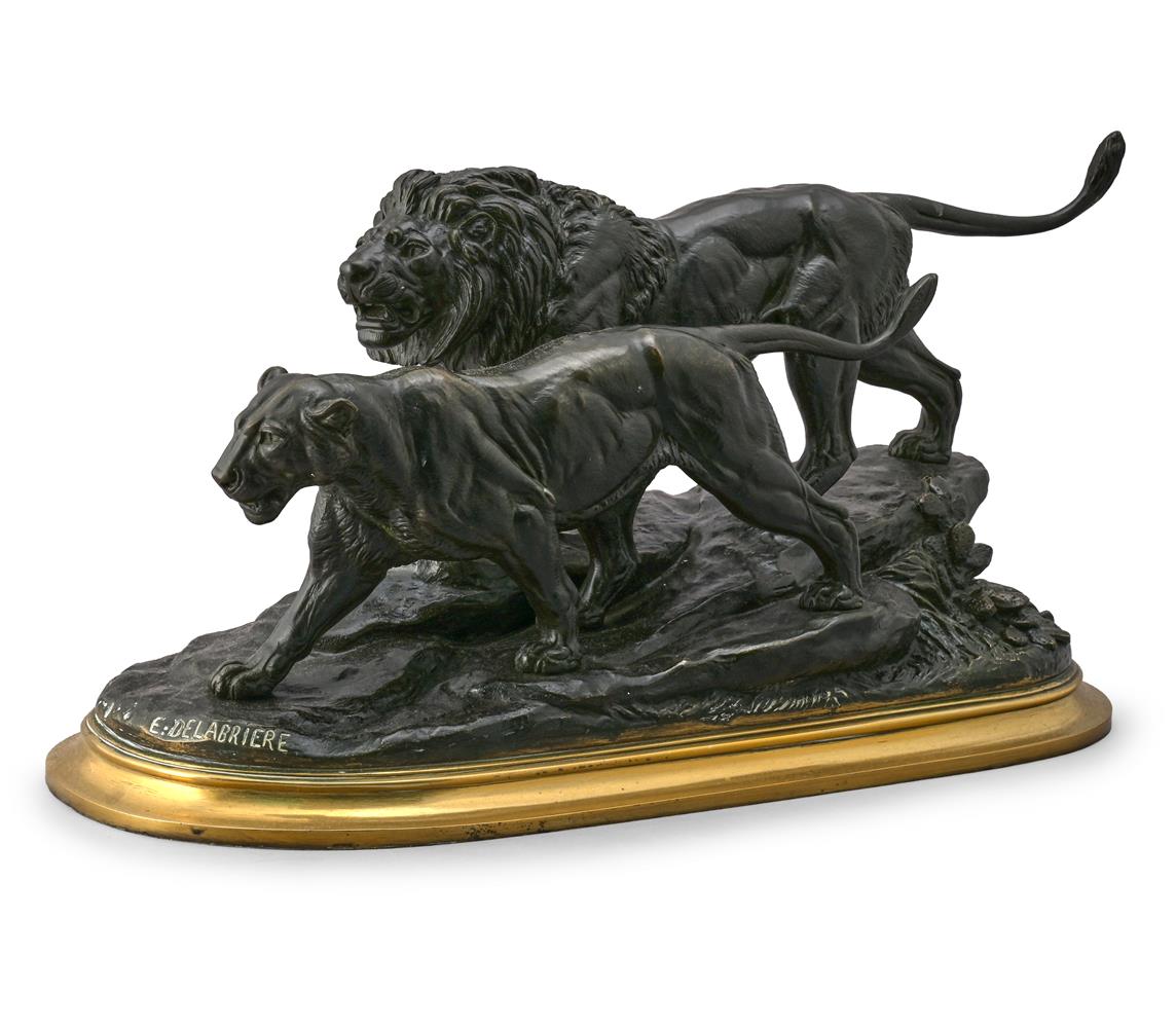 AFTER PAUL EDOUARD-DELABRIERRE (1829-1910), A LARGE ANIMALIER BRONZE GROUP OF A LION AND LIONESS