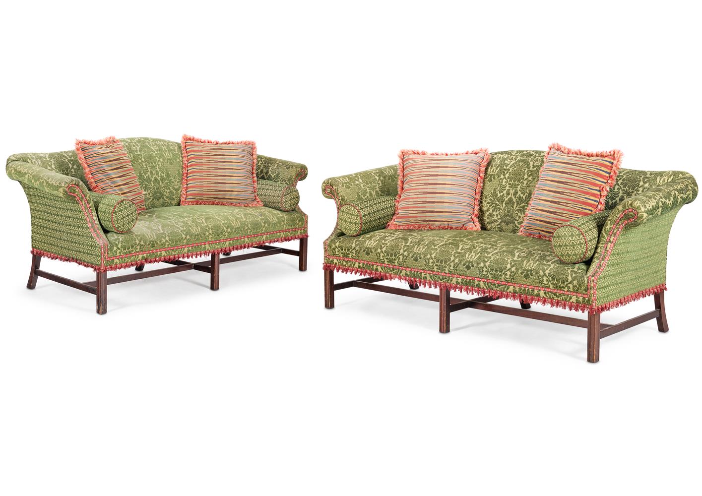 A PAIR OF MAHOGANY HUMP-BACKED SOFAS, MODERN