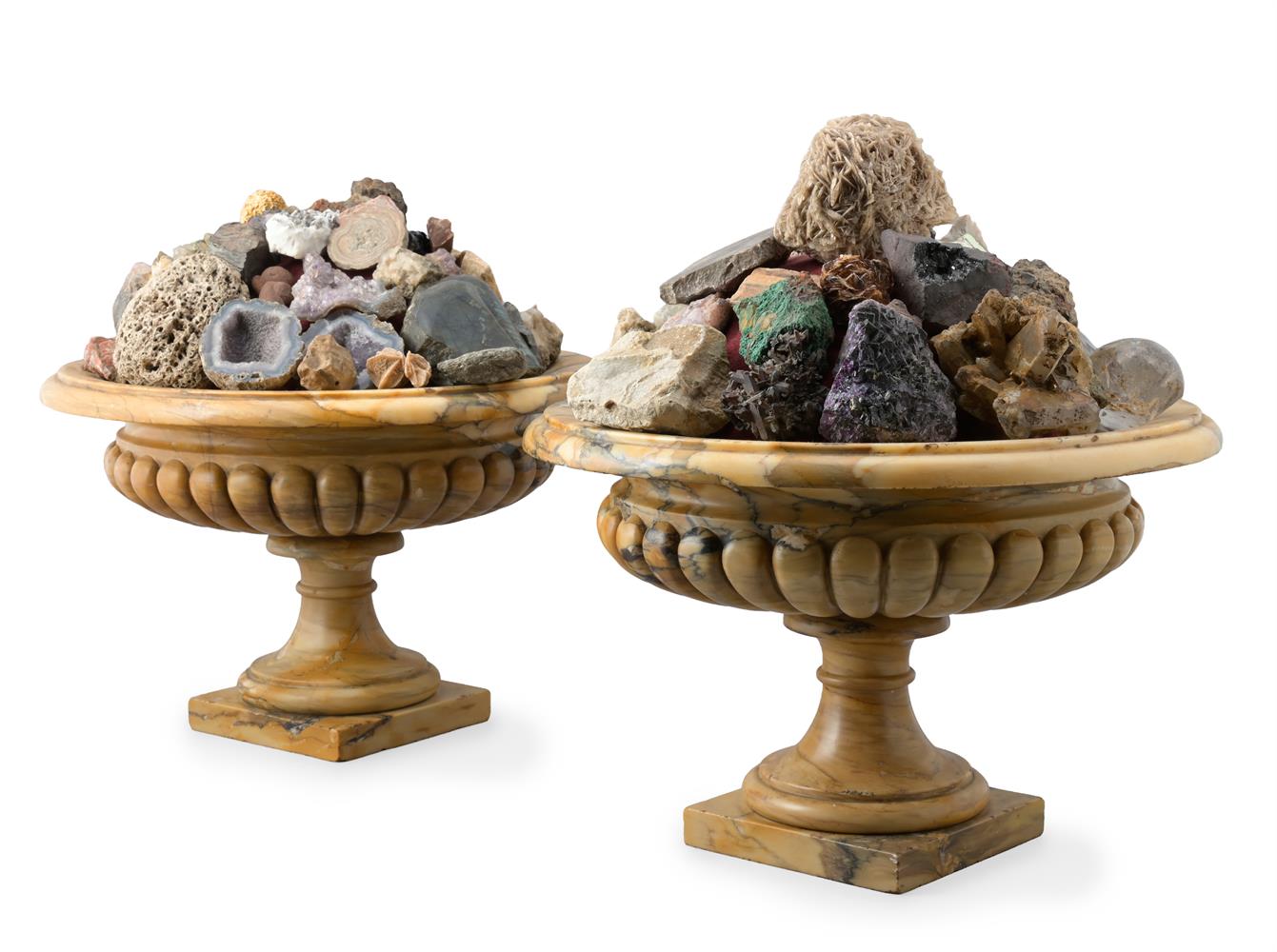 A PAIR OF SIENA MARBLE CAMPANA PEDESTAL URNS, LATE 19TH CENTURY