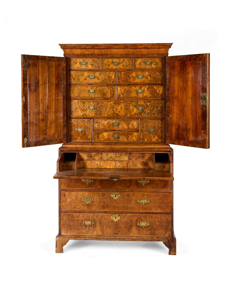 A GEORGE II BURR WALNUT SECRETAIRE CABINET, CIRCA 1720-30