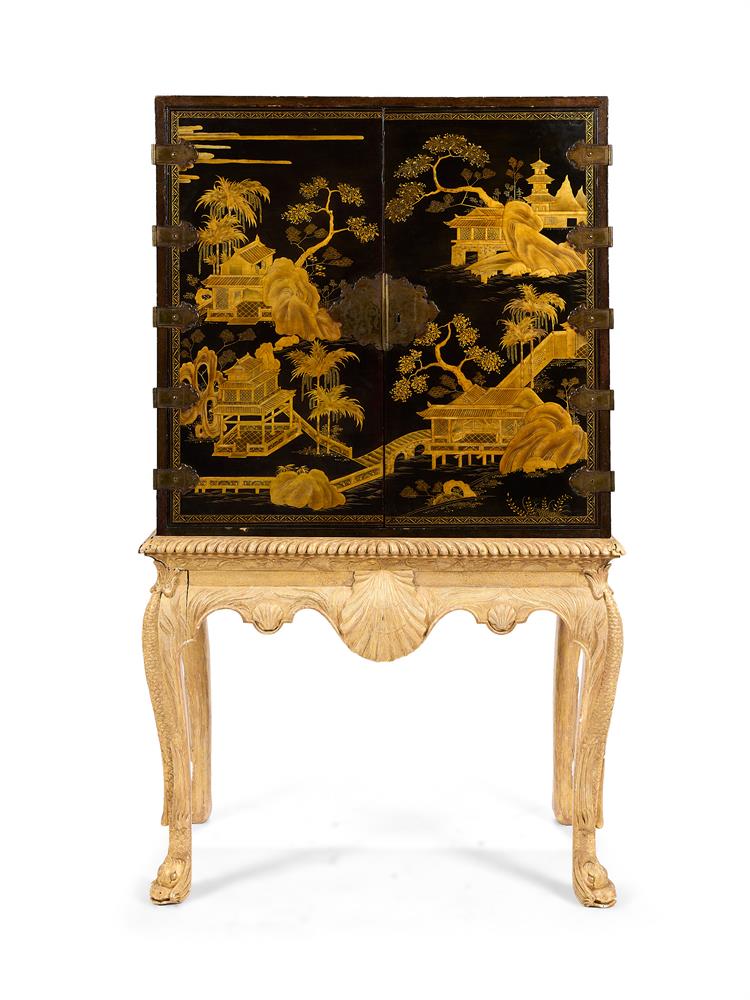 A CHINESE EXPORT BRASS-MOUNTED BLACK AND GILT-LACQUERED CABINET ON STAND THE CABINET