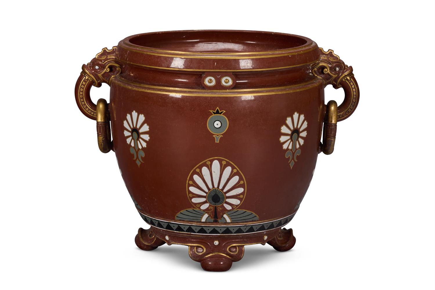 A MINTON ART POTTERY STUDIO BROWN-GLAZED TWO-HANDLED JARDINIERE, THIRD QUARTER 19TH CENTURY