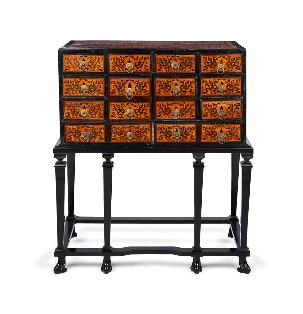 AN INDO-PORTUGUESE TEAK, EBONY AND MARQUETRY CHEST