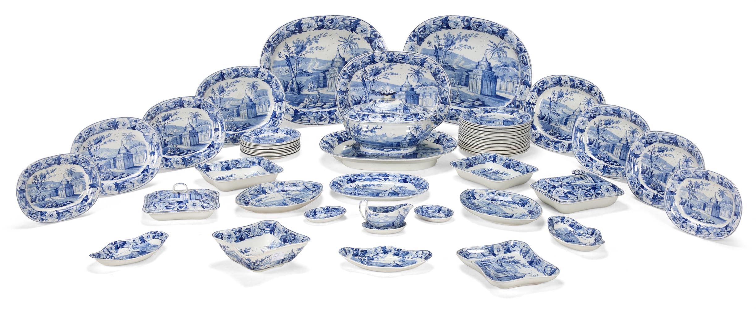 A WEDGWOOD PEARLWARE BLUE AND WHITE PRINTED PART DINNER SERVICE