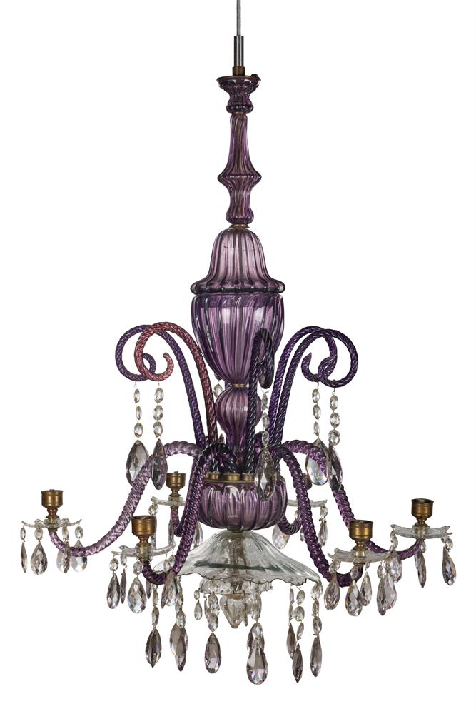 AN AMETHYST AND CLEAR GLASS SIX LIGHT CHANDELIER, 19TH/20TH CENTURY