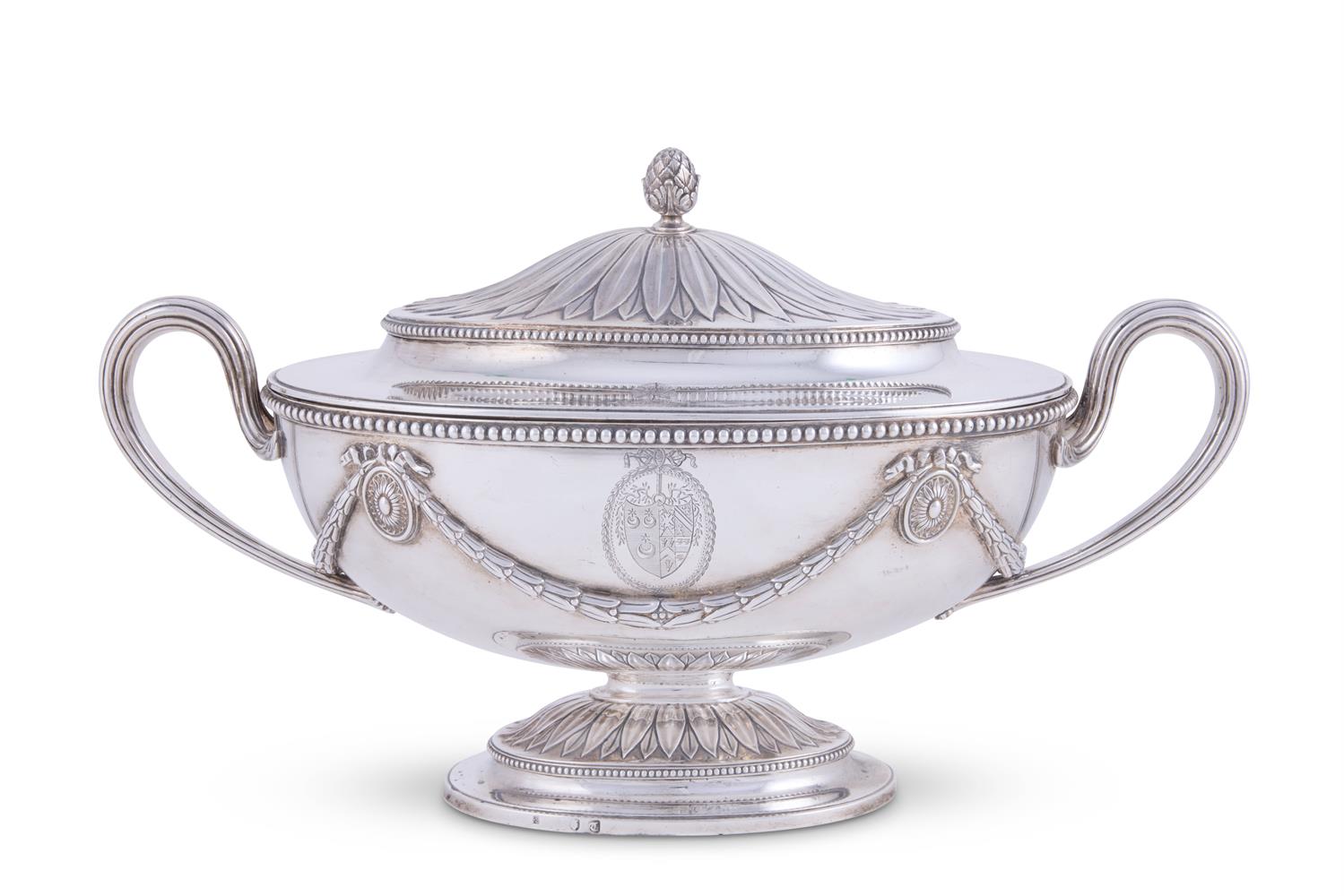 A GEORGE III SILVER OVAL PEDESTAL TUREEN AND COVER SEBASTIAN & JAMES CRESPELL