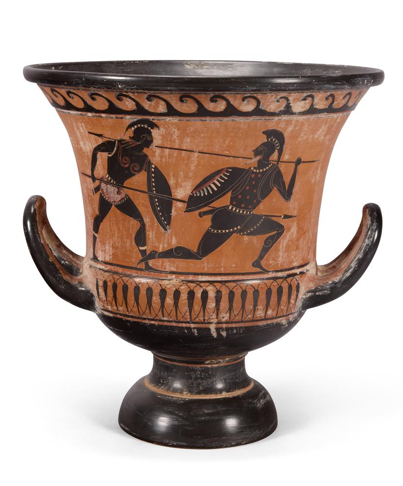 AFTER THE ANTIQUE, A COLDPAINTED TERRACOTTA BLACK FIGURE CALYX KRATER, LATE 19TH TO MID 20TH CENTURY