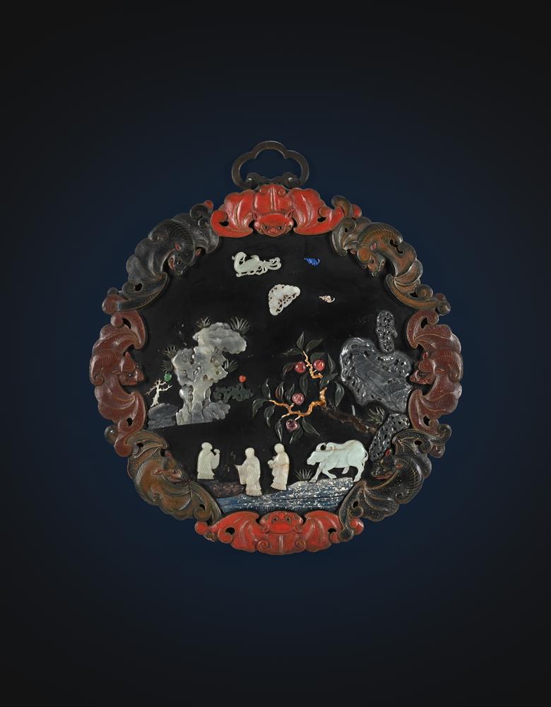 A Chinese lacquered inlaid screen panel