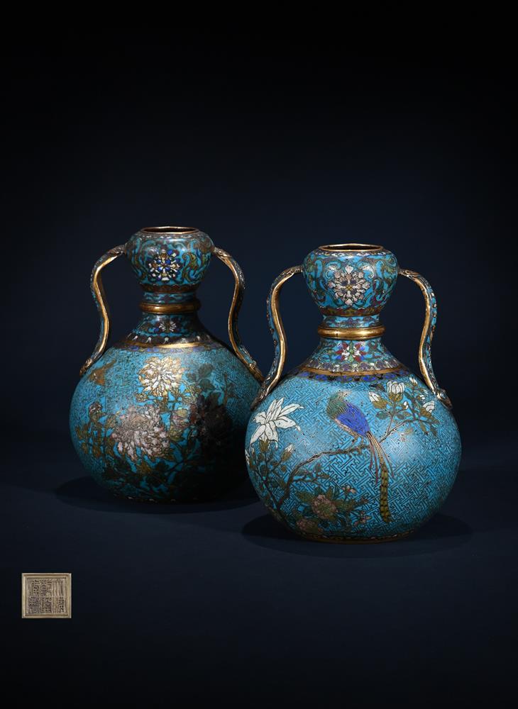 A pair of rare gilt-bronze and cloisonné enamel garlic-head vases