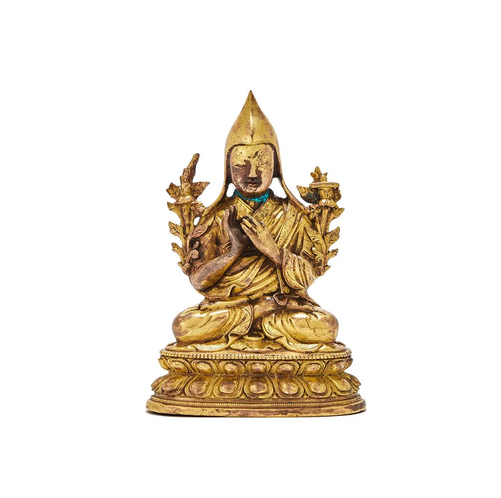 A Sino-Tibetan parcel gilt bronze figure of Tsongkhapa