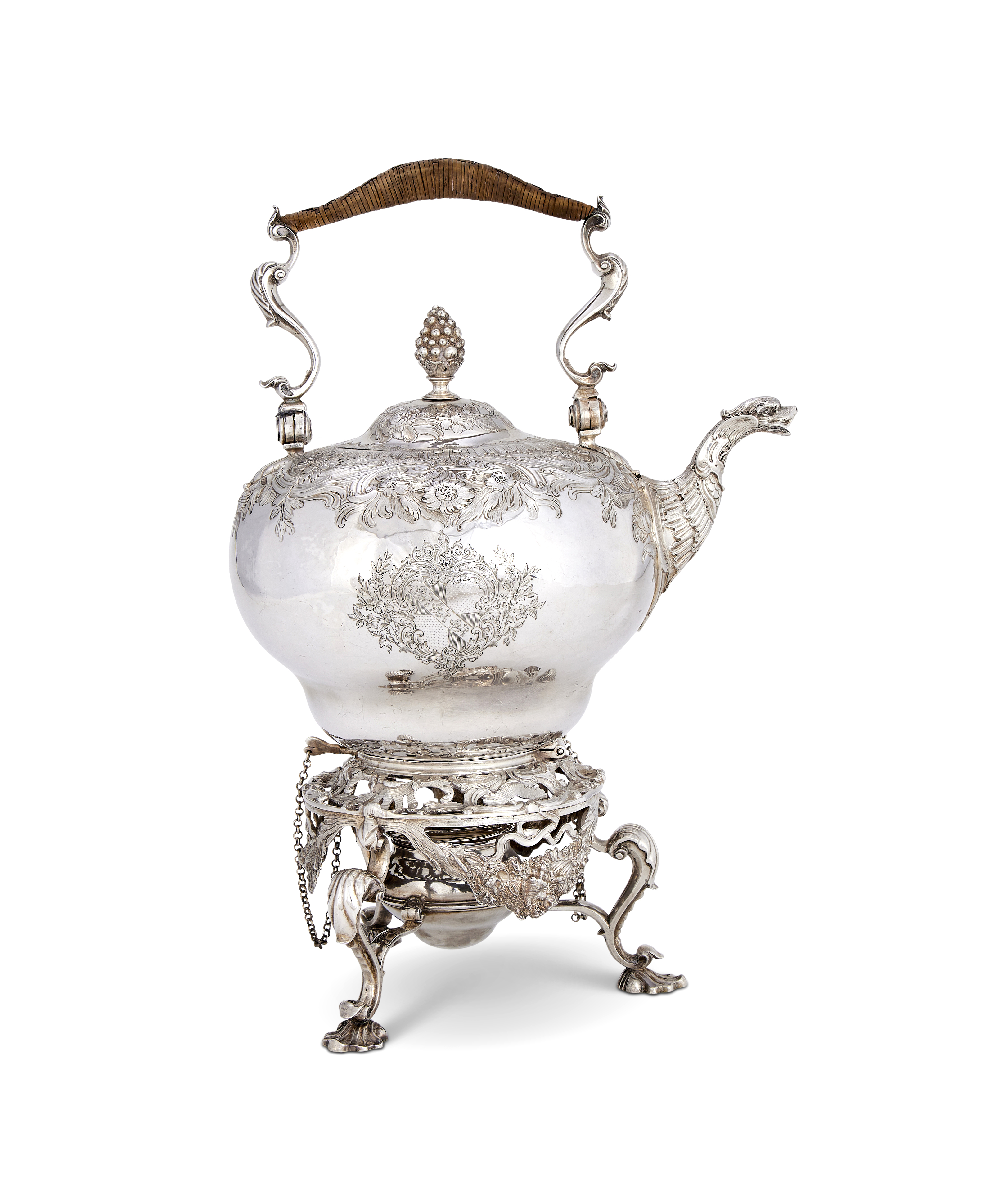 A SILVER KETTLE ON STAND CANCELLED MARKS FOR THOMAS TEARLE, LONDON1723, REMARKED LONDON ASSAY OFFIC