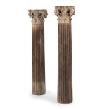 A LARGE PAIR OF CARVED OAK AND PITCH PINE CORINTHIAN COLUMS, PROBABLY LATE 18TH CENTURY
