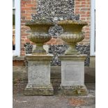 A PAIR OF GEORGE III CARVED COTSWOLD STONE URN PLANTERS, CIRCA 1800