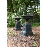 A PAIR OF VICTORIAN PAINTED CAST IRON PLANTERS ON ORIGINAL PEDESTALS, LATE 19TH CENTURY