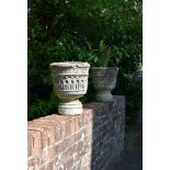 A PAIR OF CARVED LIMESTONE URN PLANTERS, LATE 19TH OR EARLY 20TH CENTURY
