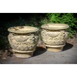 A LARGE PAIR OF TERRACOTTA COLOURED COMPOSITION STONE PLANTERS, POSSIBLY ITALIAN, CONTEMPORARY