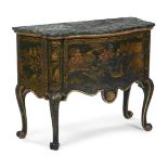 A GREEN LACQUER AND GILT JAPANNED SERPENTINE COMMODE, IN GEORGE II STYLE, 19TH CENTURY