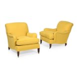 A CLOSELY MATCHED PAIR OF BEECH AND YELLOW UPHOLSTERED ARMCHAIRS, CONTEMPORARY